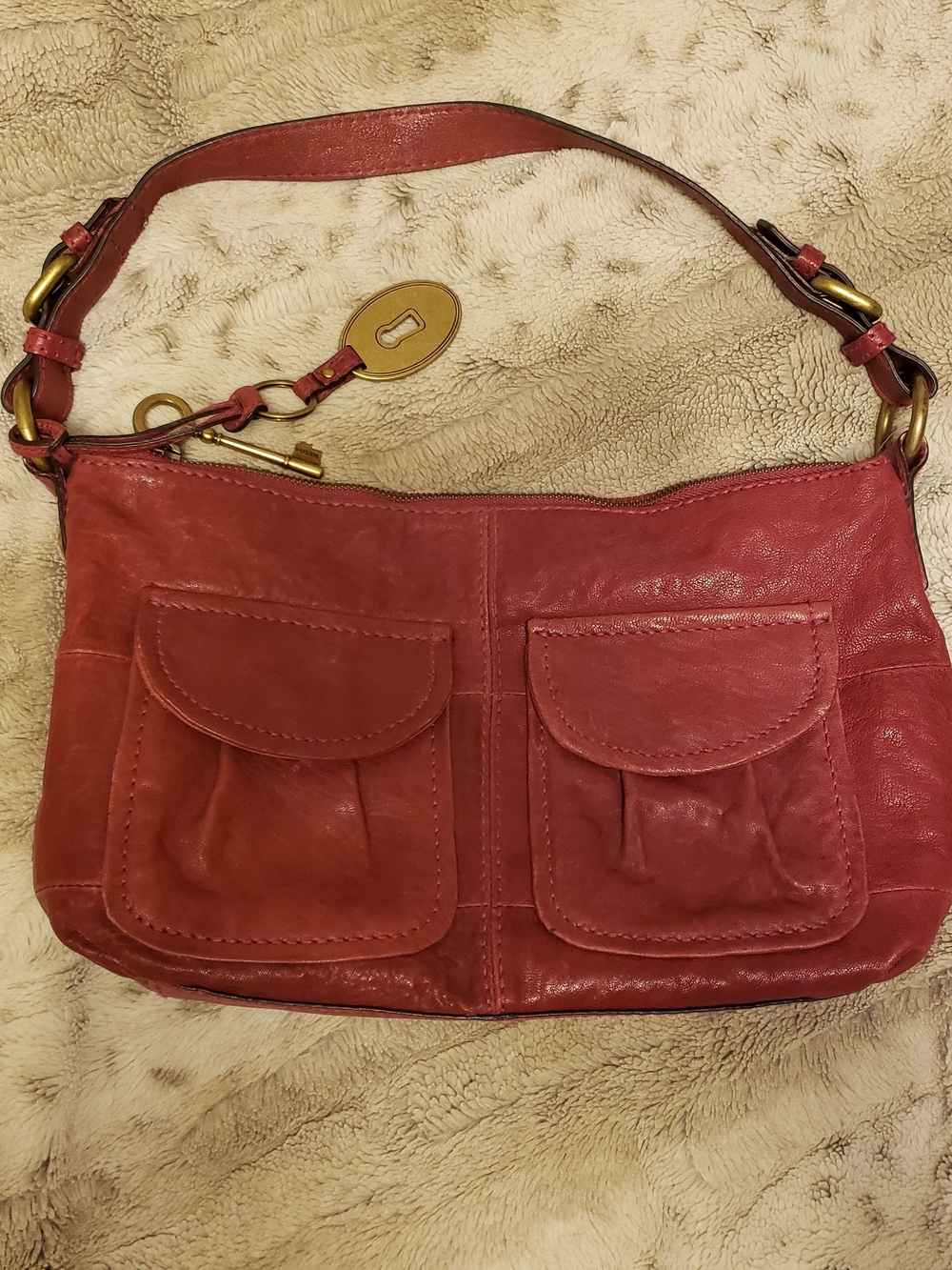 Fossil Dark Pink Leather Shoulder Bag with Dual Front Pockets